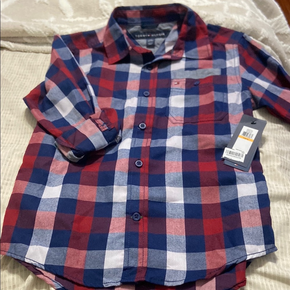 🟢10x$20 Tommy Hilfiger Red and Blue Button Down Shirt Classic Plaid Design